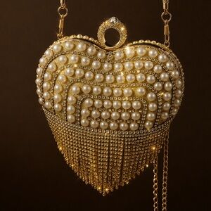 Pearl & Crystal Gold Heart Evening Bag - Gold clutch plus Crossbody